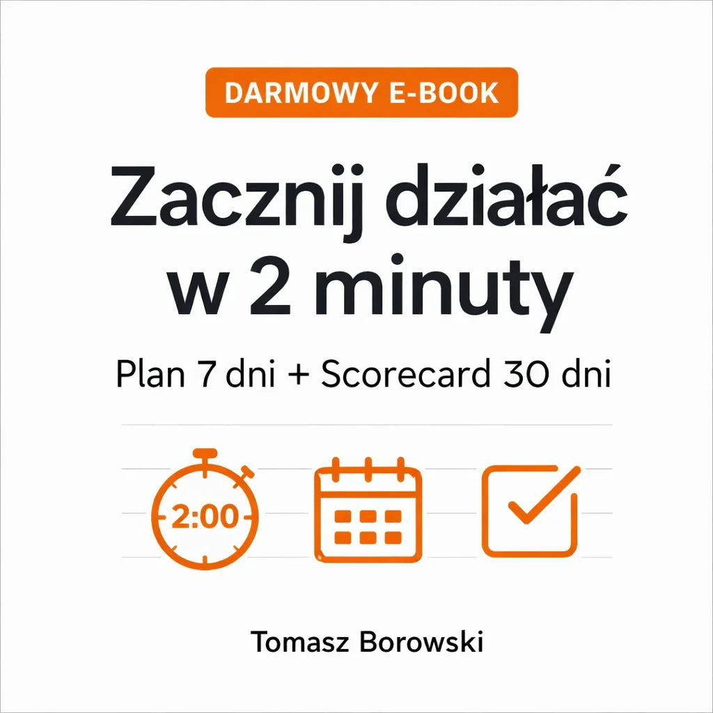 Darmowy e-book o szybkim działaniu, plan 7 dni, ikony zegara, kalendarza i checklisty