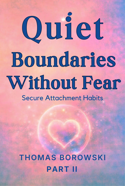 Okładka książki z napisem Quiet Boundaries Without Fear, różowe tło, serce, poradnik relacji.