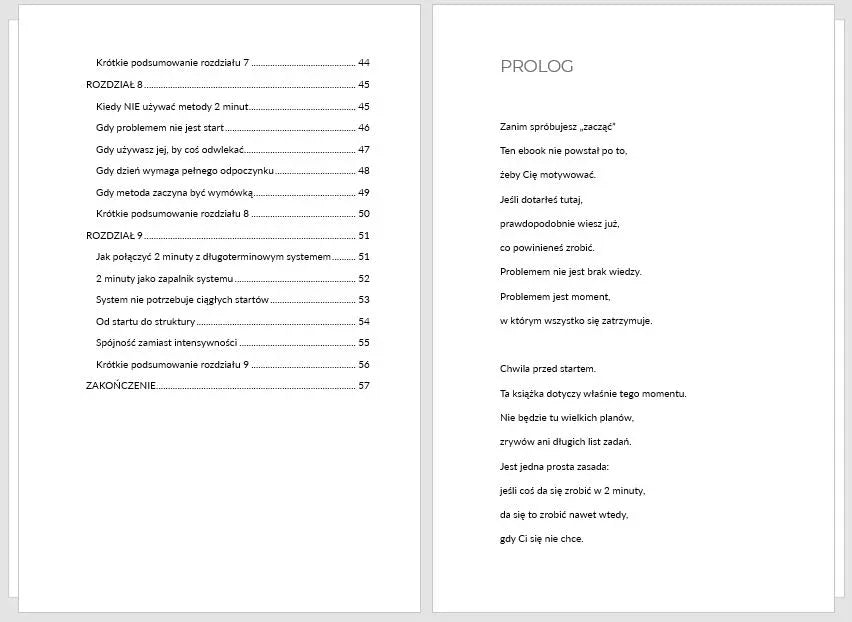 Fragment ebooka o systematycznym działaniu, widoczne spis treści i prolog, poradnik budowa domu