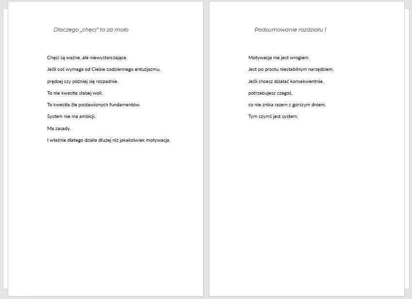 Fragment poradnika o budowie domu, tekst o systemie zamiast motywacji na białym tle.
