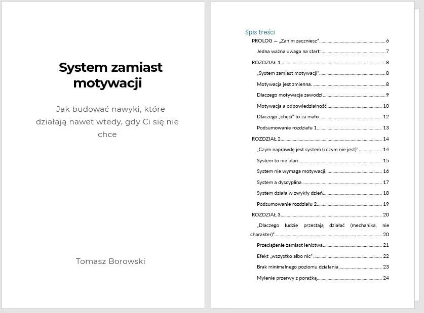 Okładka i spis treści książki 'System zamiast motywacji', budowanie nawyków, poradnik
