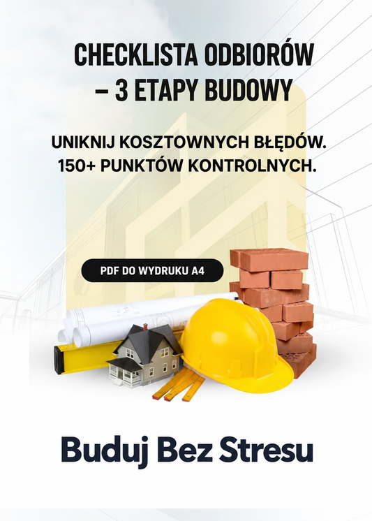 Checklista odbiorów — 3 etapy budowy. Poprawiona typografia wcześniejszej okładki z kaskiem, cegłami i planami.