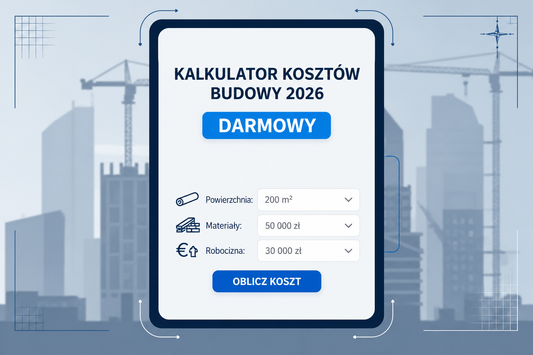 Darmowy kalkulator kosztów budowy 2026 — wcześniejsza niebieska grafika po korekcie tekstu.