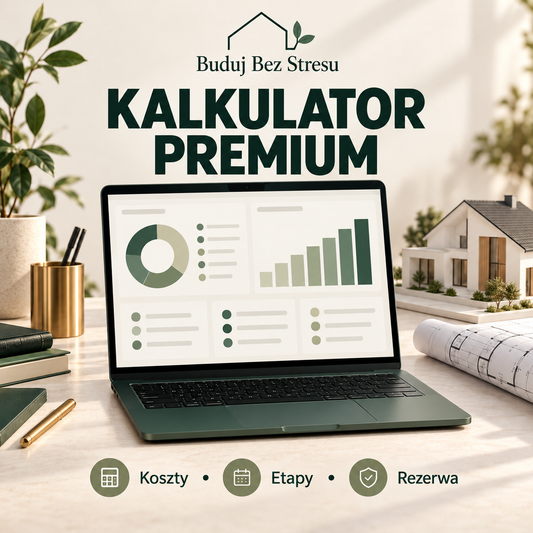 Kalkulator Premium Buduj Bez Stresu — koszty, etapy i rezerwa. Wizualizacja laptopa i modelu domu.